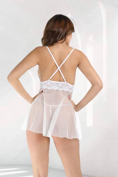 Sistina Bayan Beyaz Dantelli Kısa Tül Gecelik 671 - Resim 3