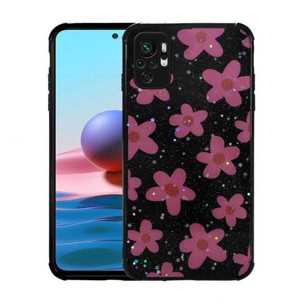 Xiaomi Poco M5S Kılıf Simli Desenli Kamera Korumalı Parlak Popy Kapak - Çiçek