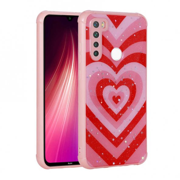 Xiaomi Redmi Note 8 Kılıf Simli Desenli Kamera Korumalı Parlak Popy Kapak - Kalp
