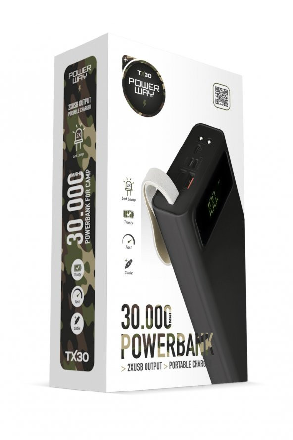 Powerway TX30 Siyah Led Işıklı Dijital Göstergeli 30.000 mAh (Gerçek 30.000 mAh Garantili) Powerbank