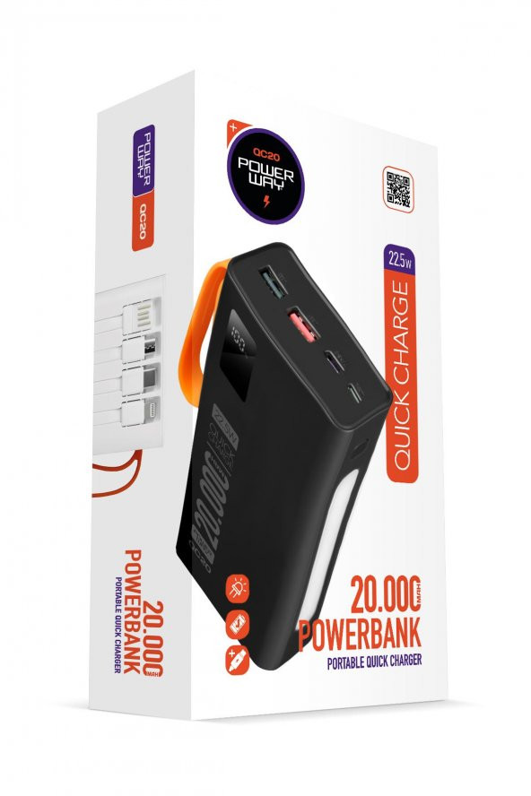 20.000 Mah Pd 22.5W Kablolu 3.0 Hızlı Şarj Gerçek 20.000 Mah Garantili Işıklı QC20 Siyah Powerbank