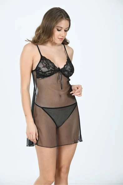 Sistina Bayan Siyah Dantelli Tül Gecelik 645 - Resim 5