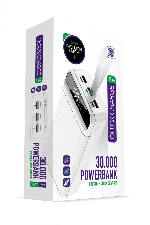 Powerway PD 22.5W 30.000 MAH 3.0 HIZLI ŞARJ (GERÇEK 30.000 MAH GARANTİLİ) QC30 POWERBANK Beyaz