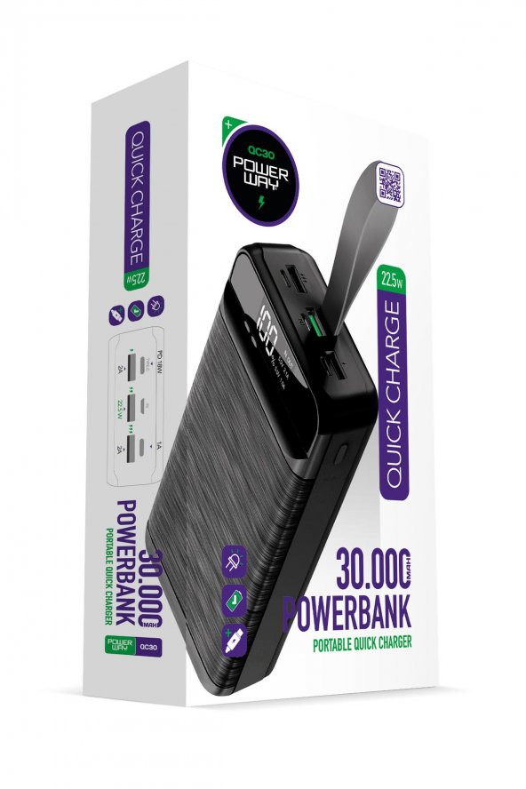 Powerway PD 22.5W 30.000 MAH 3.0 HIZLI ŞARJ (GERÇEK 30.000 MAH GARANTİLİ) QC30 POWERBANK Siyah