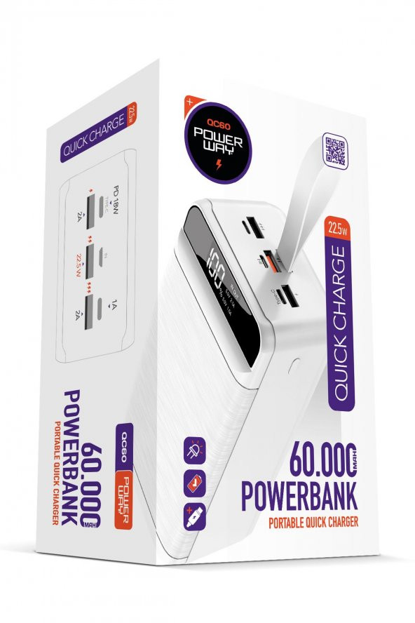 Powerway PD 22.5W 60.000 MAH 3.0 HIZLI ŞARJ (GERÇEK 60.000 MAH GARANTİLİ) QC60 POWERBANK Beyaz