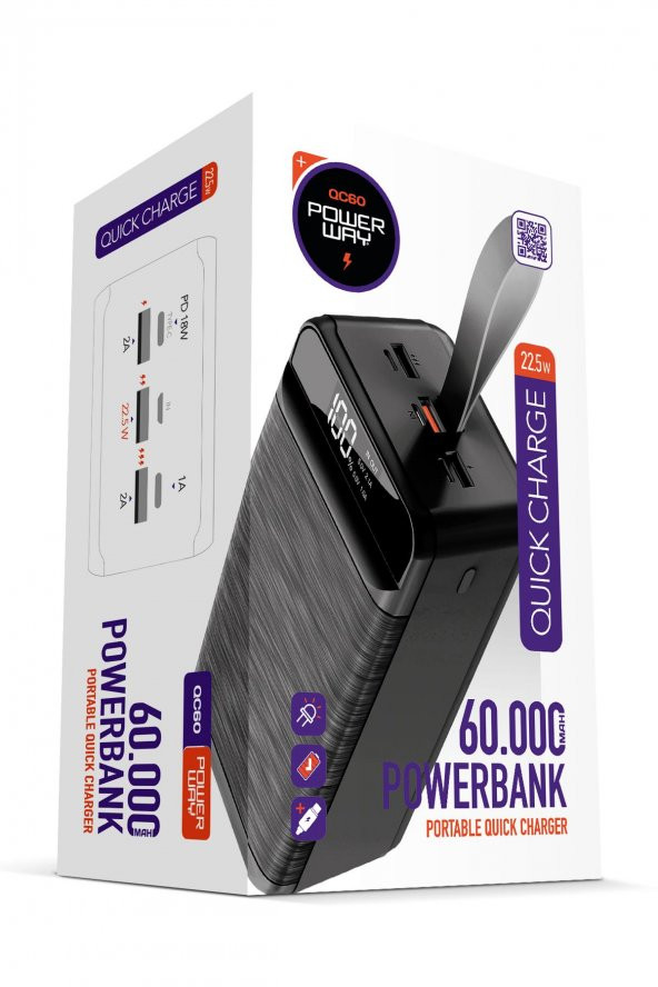 Powerway PD 22.5W 60.000 MAH 3.0 HIZLI ŞARJ (GERÇEK 60.000 MAH GARANTİLİ) QC60 POWERBANK