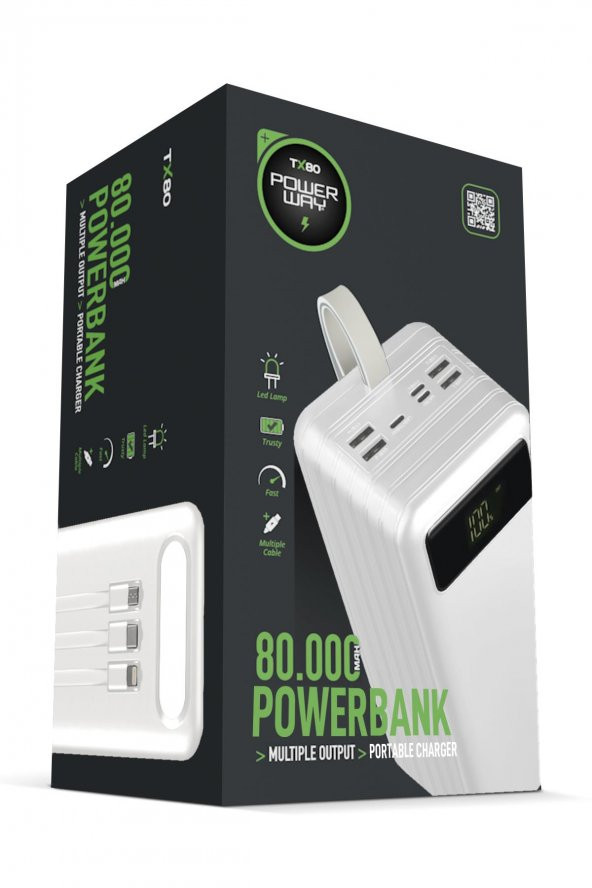 80.000 Mah Kablolu Dijital Göstergeli Gerçek 80.000 Mah Garantili Işıklı Kamp TX80 Beyaz Powerbank