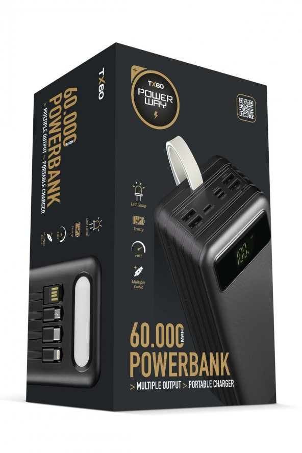 Powerway Tx60 Siyah Çoklu Çıkış Dijital Göstergeli Ekstra Kablolu 60.000 Mah (Gerçek 60.000 Mah Garantili) Powerbank
