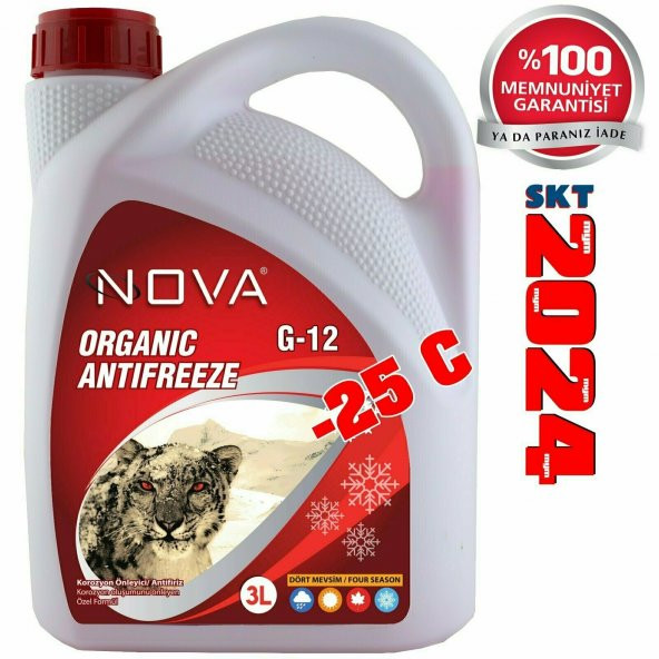 Nova -25 Derece Organik Kırmızı Antifriz 3 Litre -Hazır Antifiriz
