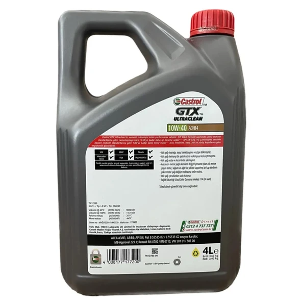 Castrol GTX 10W-40 A3/B4 Motor Yağı 4 Litre + Motor Silk Bor Katkı - 2
