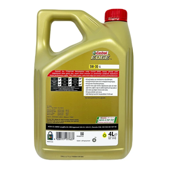 Castrol Edge Ll 5W-30 Benzinli Dizel Motor Yağı 4 Litre - ACEA C3 - 2