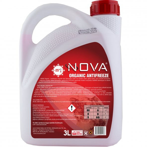 Nova -25 Derece Organik Kırmızı Antifriz 3 Litre (6 ADET) - 2
