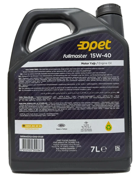 Opet Fullmaster 15W-40 Dizel Motor Yağı 7 Litre Üretim Tarihi: 2025 - 2