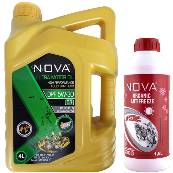 Nova DPF C3 5W-30 4 Litre Tam Sentetik Motor Yağı + 1.5 L Kırmızı Antifriz
