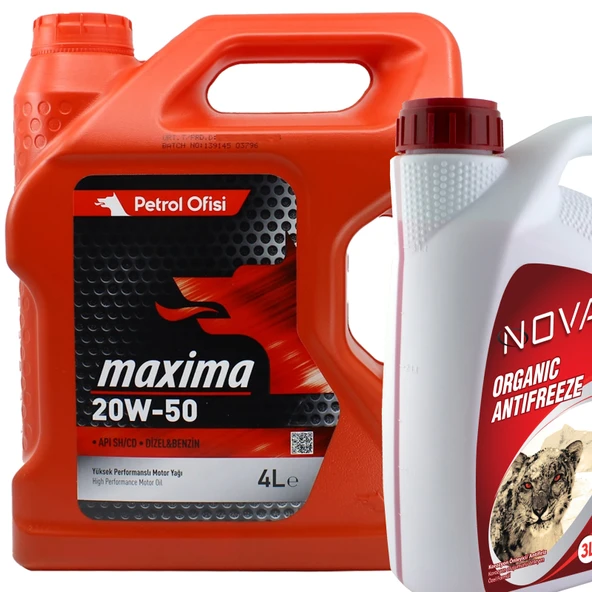 Petrol Ofisi Maxima 20W-50 Motor Yağı 4 Litre + Kırmızı Antifriz 3 L