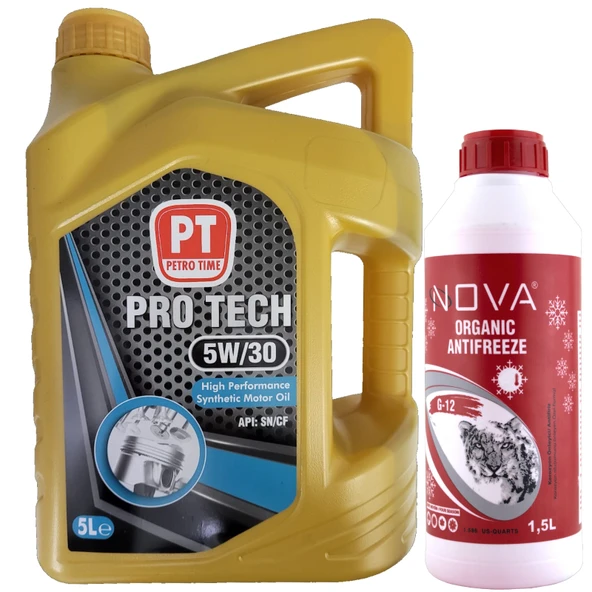 Petro Time 5W-30 Sentetik Motor Yağı 5 Litre + Kırmızı Antifriz 1,5 L