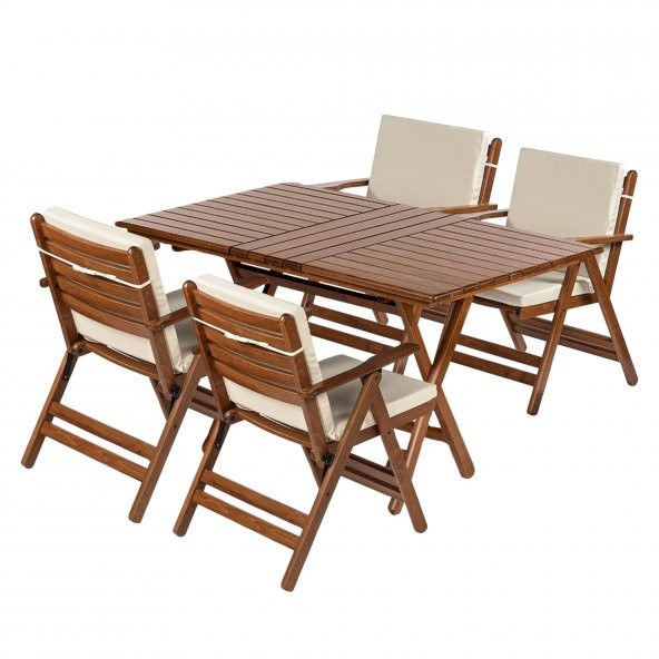 Antalya Ahşap Bahçe Balkon Takımı: 80x140 Masa + 4 Minderli Sandalye - Katlanır  Set