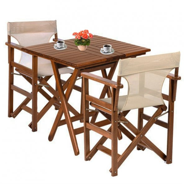 Rejisör Lüks Ahşap Bahçe Balkon Seti: 80x80 Masa + 2 Sandalye Katlanır Takım
