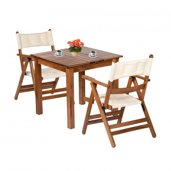 Marmaris Ahşap Bahçe Balkon Takımı: 80x80 Sabit Ayaklı Masa + 2 Minderli Katlanır Sandalye Set