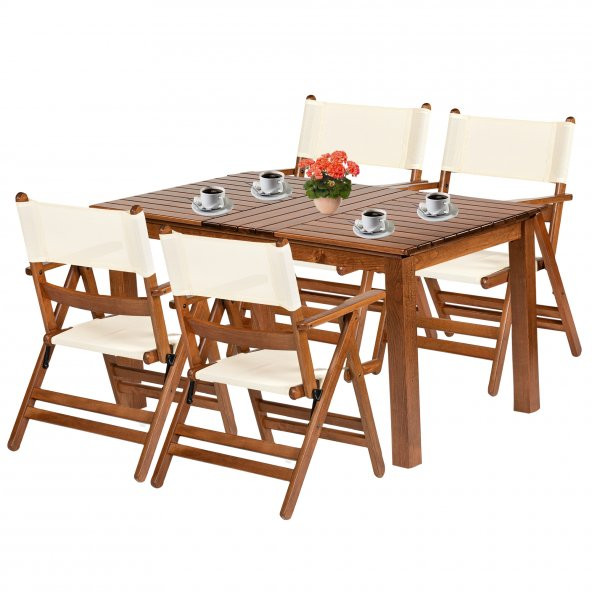 Atina Ahşap Bahçe Balkon Takımı: 80x140 Sabit Ayaklı Masa + 4 Pvcli Katlanır Sandalye Set