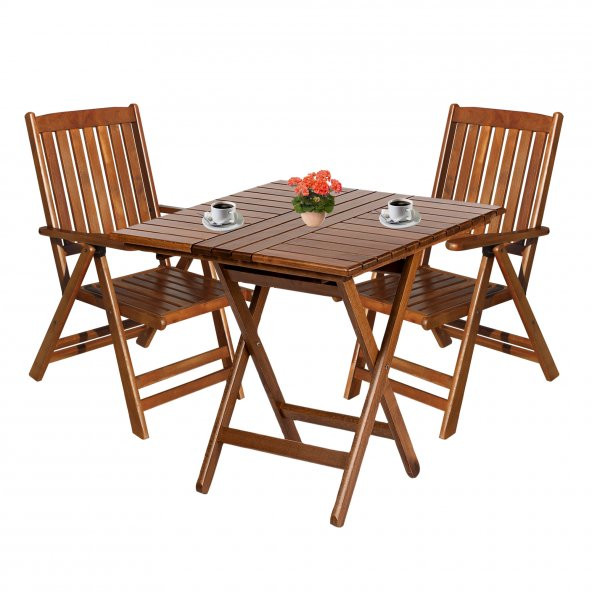 Didim Ahşap Bahçe Balkon Takımı: 80x80 Masa + 2 Sandalye Katlanır Set
