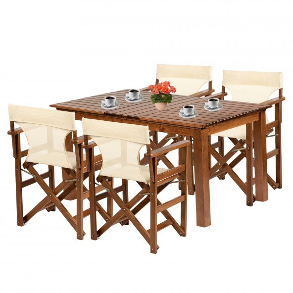Yönetmen Ahşap Bahçe Balkon Takımı: 80x140 Sabit Ayaklı Masa + 4 Pvcli Katlanır Sandalye Set