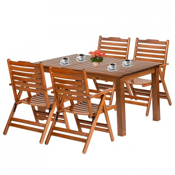 Ürgüp Ahşap Bahçe Balkon Takımı: 80x160 Sabit Ayaklı Masa + 4 Katlanır Sandalye Set