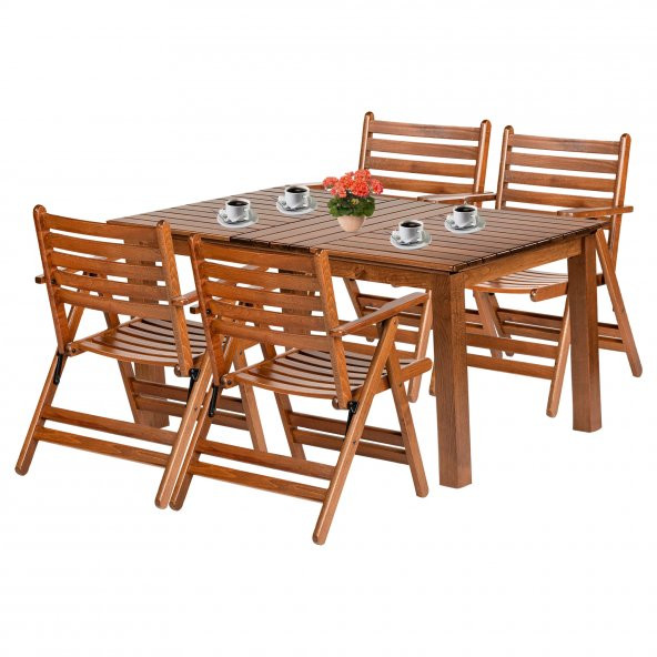 Antalya Ahşap Bahçe Balkon Takımı: 80x140 Sabit Ayaklı Masa + 4 Katlanır  Sandalye Set