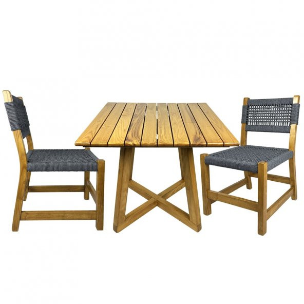 Gökçeada Ahşap Bahçe Takımı: Kare Masa + 2 Sandalye Set, Masif Kestane