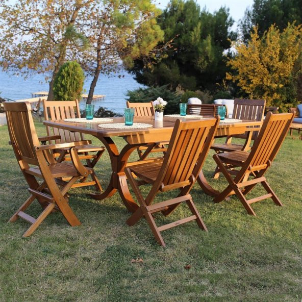 Avşa Ahşap Bahçe Balkon Seti: 80x140  + 40 Açılır Masa + 6 Katlanır Sandalye Takım
