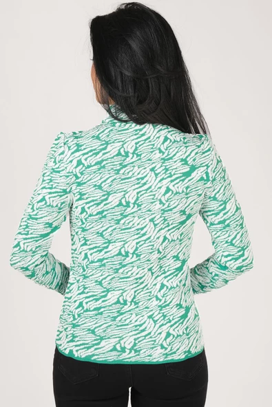 Kadın Dik Yaka Zebra Desen Kazak Yeşil - 5
