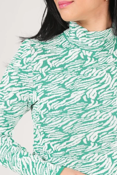 Kadın Dik Yaka Zebra Desen Kazak Yeşil - 6