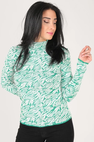 Kadın Dik Yaka Zebra Desen Kazak Yeşil - 4