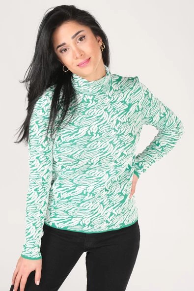 Kadın Dik Yaka Zebra Desen Kazak Yeşil - 2
