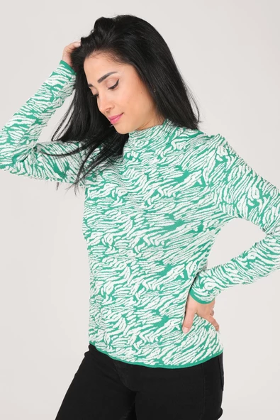 Kadın Dik Yaka Zebra Desen Kazak Yeşil - 3