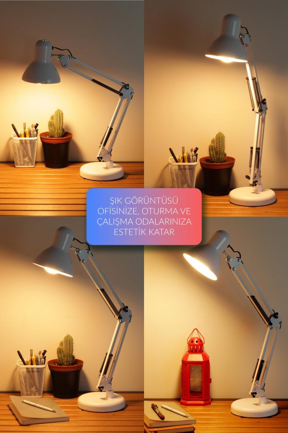 Masa Lambası Akrobat Yaylı Metal 360° Açılı Ayarlanabilir Hareketli Çalışma Masası Lambası Beyaz - 2