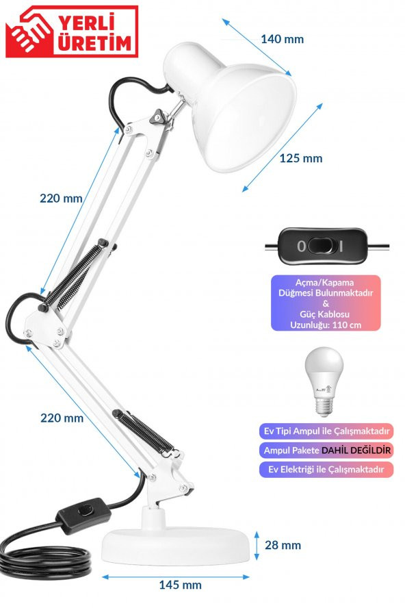 Masa Lambası Akrobat Yaylı Metal 360° Açılı Ayarlanabilir Hareketli Çalışma Masası Lambası Beyaz - 3