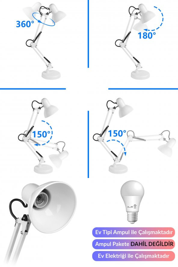 Masa Lambası Akrobat Yaylı Metal 360° Açılı Ayarlanabilir Hareketli Çalışma Masası Lambası Beyaz - 4