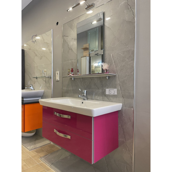 95 Cm Pembe Renk Raylı Banyo Dolabı Komple Takım Montaja Hazır - 2