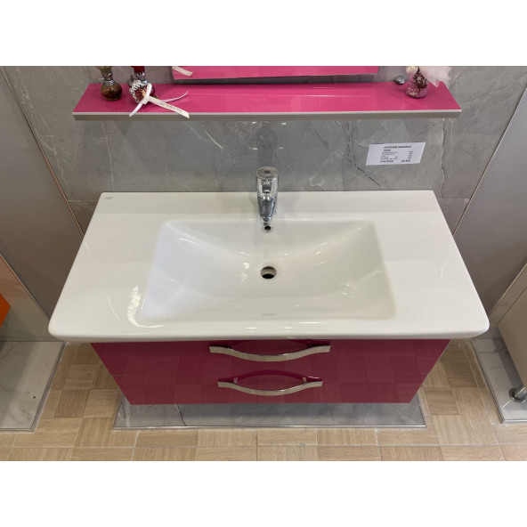 95 Cm Pembe Renk Raylı Banyo Dolabı Komple Takım Montaja Hazır - 3