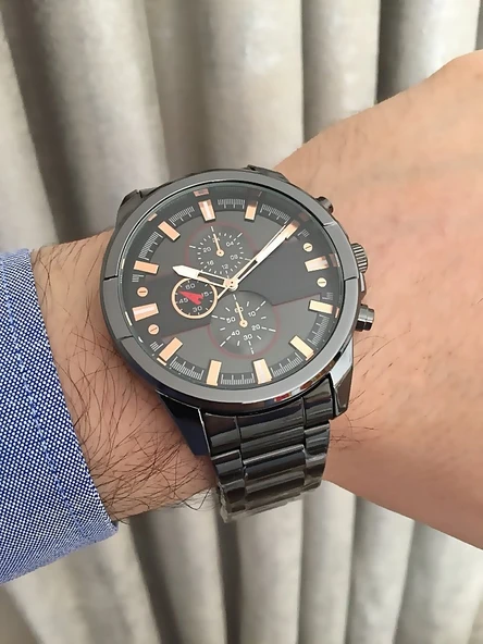 Erkek Kol Saati Çelik Kordon Siyah Renk Bakır Detay - Özel Kutulu STC12004 - 1