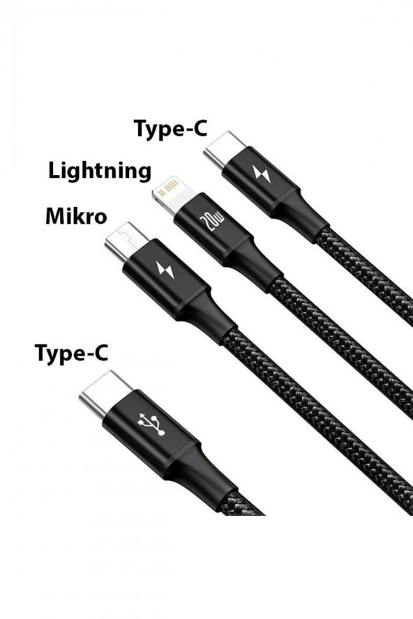 1.5 Metre 20w 3in1 Type C, Iphone Lightning Ve Micro Ultra Hızlı Şarj Ve Data Kablosu - 2