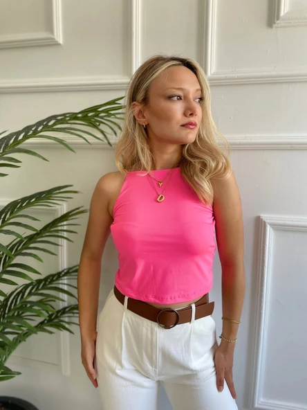 Kadın Pembe Halter Yaka Crop