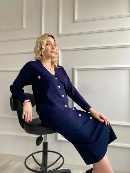 Kadın Bant Detaylı Düğmeli Etek-Hırka Takım Lacivert - 3