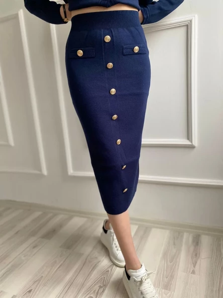 Kadın Bant Detaylı Düğmeli Etek-Hırka Takım Lacivert - 2