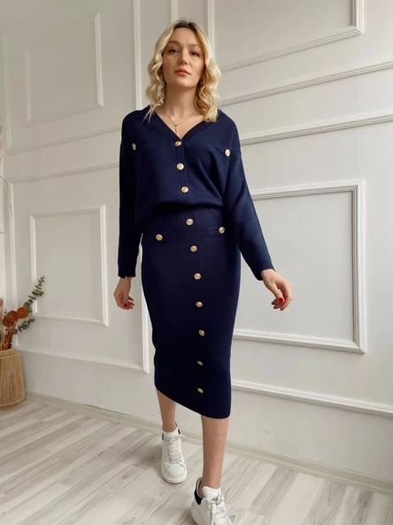 Kadın Bant Detaylı Düğmeli Etek-Hırka Takım Lacivert - 8