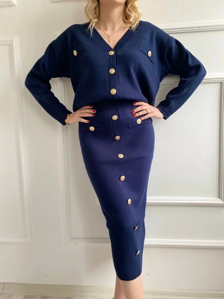 Kadın Bant Detaylı Düğmeli Etek-Hırka Takım Lacivert - 9