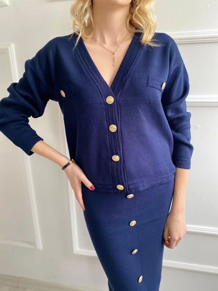 Kadın Bant Detaylı Düğmeli Etek-Hırka Takım Lacivert - 7