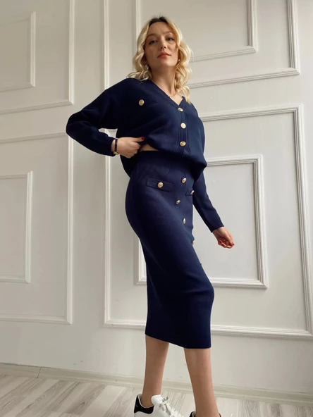 Kadın Bant Detaylı Düğmeli Etek-Hırka Takım Lacivert - 4