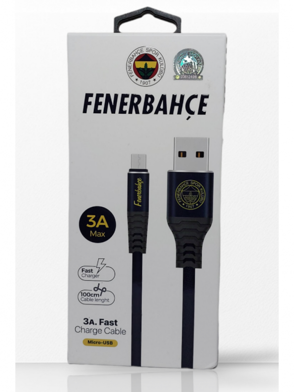Fenerbahçe Lisanslı Micro USB 3A Şarj Kablosu 1 Metre Hızlı Şarj Destekli